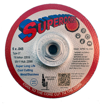 SuperCore Type 27 .045 Thin Cutting Wheels - 6 x .045 x 5/8-11 w- Metal Threaded Hub